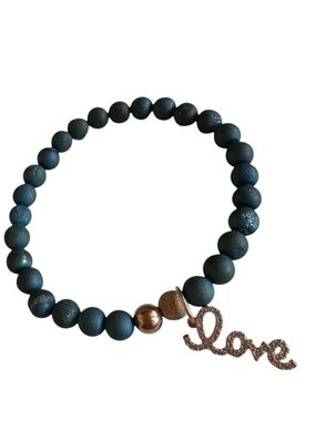 Classic Teal Druzy Stretch Bracelet Rose Gold Pave Charm 6mm Beaded Bracelet